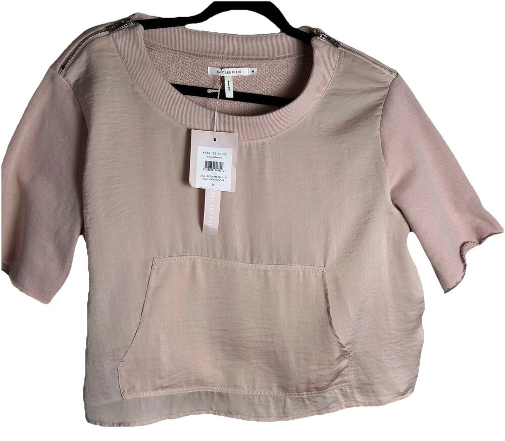 Avec Les Filles Women’s Pink Boxy Cropped Top Front Pocket Satin Top Zip Medium